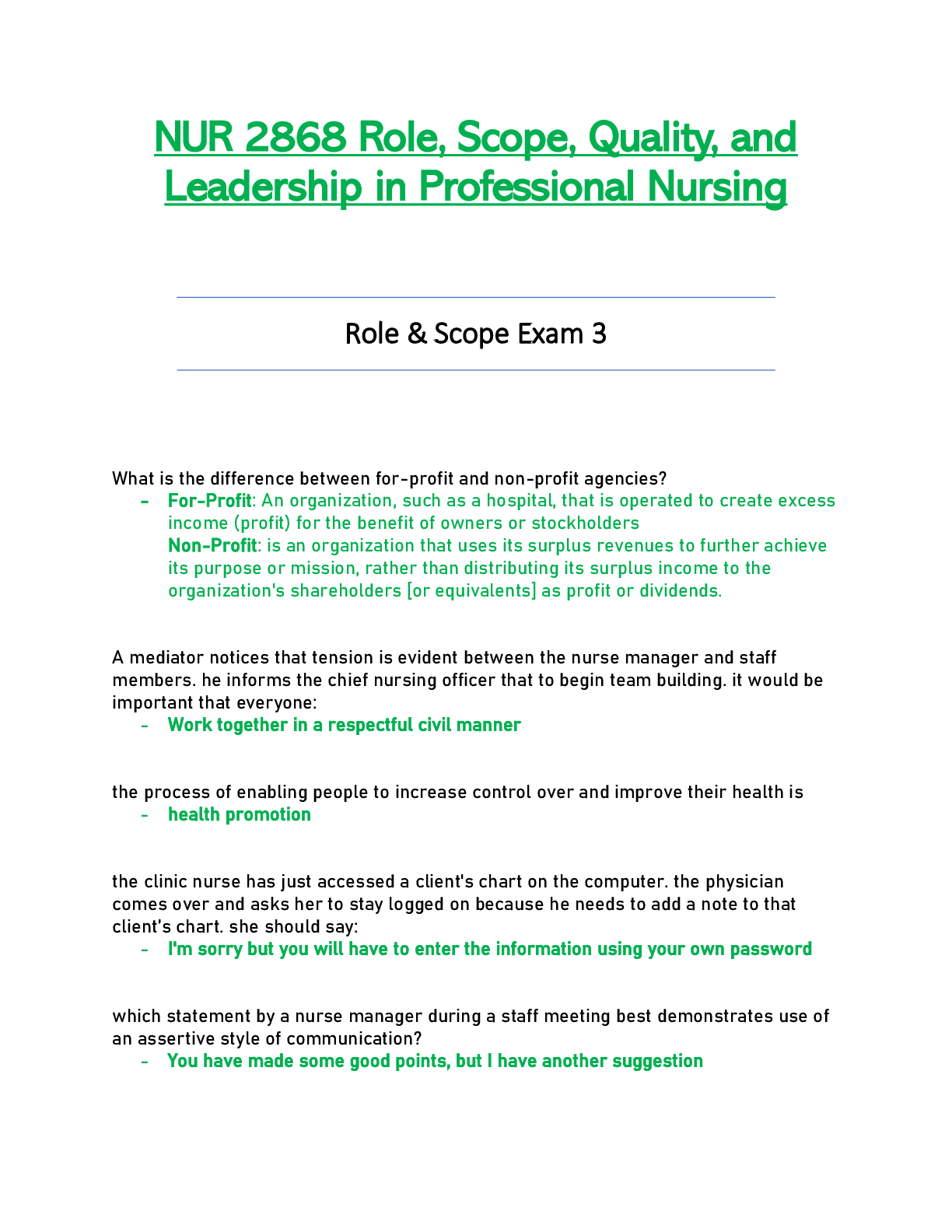 Preview image for NUR 2868 / NUR2868 Exam 3  : Role, Scope, Quality & Leadership in Professional Nursing - Rasmussen